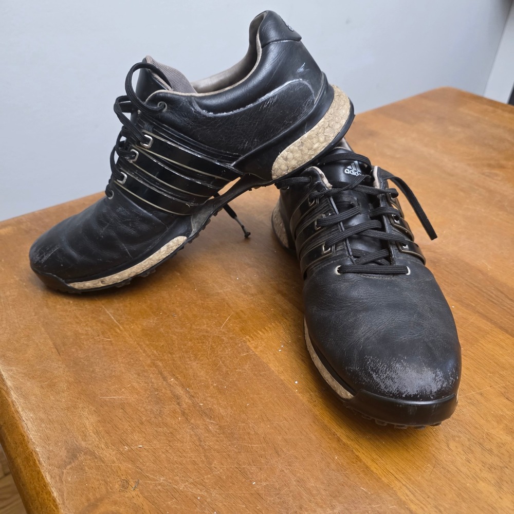 Adidas Tour360 Boost Mens 10.5 Black Leather Spiked Golf Shoes‎ BB7925 Athletic